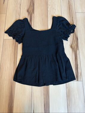 Womens Black Square Neck Peplum Top with Eyelet Sleeves